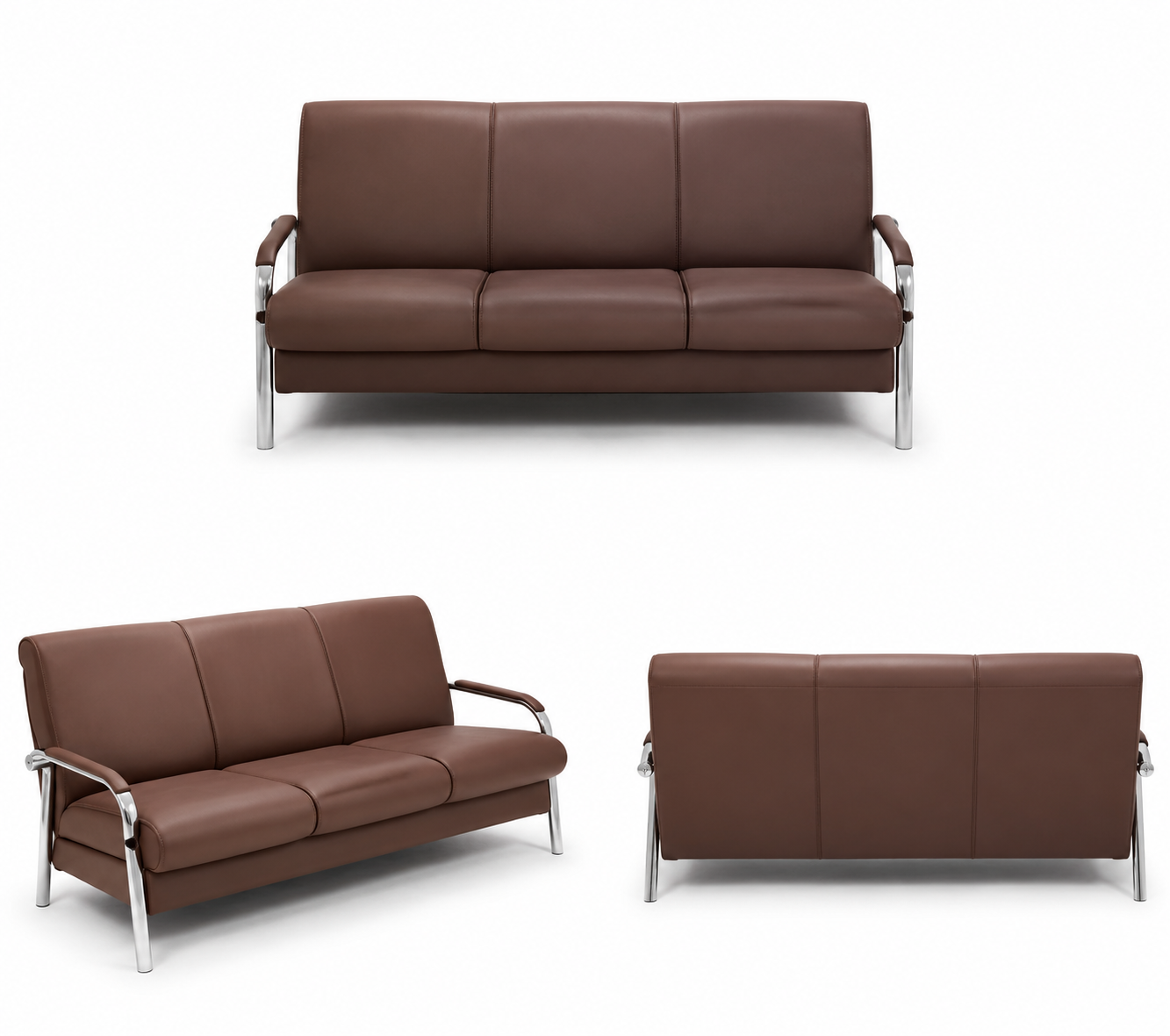 ee575092-3008-4f80-8b6c-827a8a4c446d Brown Leather Office Sofa Set with Chrome Legs - Image 1